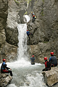 A group of people canyoning, Hachleschlucht, Haiming, Tyrol, Austria