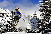Skifahrerin fährt im Tiefschnee am South Face, Lake Louise, Alberta, Kanada, MR