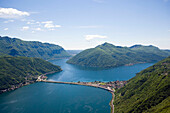 Panoramic view from Monte San Salvatore (912 m) over Motorway, Lake Lugano and Lugano, Ticino, Switzerland