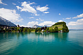 View over Lake Thun to Spiez, Bernese Oberland (highlands), Canton of Bern, Switzerland