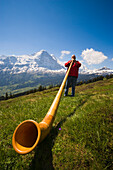 Man playing an alphorn at Bussalp 1800 m, Grindelwald, Bernese Oberland, Canton of Bern, Switzerland