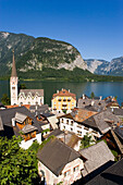 View over Hallstatt with Protestant Christ church and Lake Hallstatt, Salzkammergut, Upper Austria, Austria