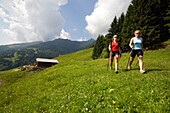 Zwei Frauen nordic walking in der Nähe von Amoseralm 1198 m, Dorfgastein, Gasteiner Tal, Salzburg, Österreich