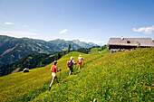Hikers arriving Bichlalm (1731 m), Grossarl Valley, Salzburg, Austria