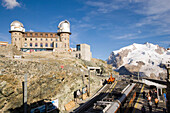 View from Gornergrat station to Kulmhotel, the highest hotel in the Swiss Alps (3100 m) at Gornergrat, Zermatt, Valais, Switzerland