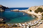 Elevated view of beach at Saint Paul's Bay (Agios Pavlos), Lindos, Rhodes, Greece