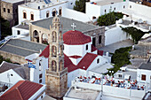 Elevated view of Panagia church, built by the Knights in the 14th century, Lindos, Rhodes, Greece