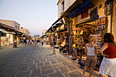 View along shopping street Odos Sokratous, Rhodes Town, Rhodes, Greece, (Since 1988 part of the UNESCO World Heritage Site)