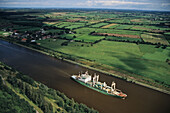 aerial photo of Kiel Canal, container ship, Baltic Sea, Schleswig Holstein, northern Germany