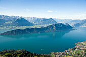 View from Kanzli vantage point on mount Rigi (1797 m, Queen of the Mountains) over Lake Lucerne and Weggis, mount Burgenstock and mount Pilatus (2132 M) in the background, Rigi Kaltbad, Canton of Schwyz, Switzerland