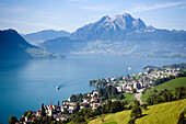 View on Weggis at Lake Lucerne and mountain Pilatus (2132 m) in background, Weggis, Canton of Lucerne, Switzerland