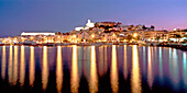 Spain, Baleares island, Ibiza, skyline, marina, twilight, panorama