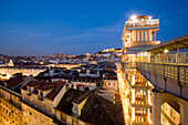 Portugal, Lisbon, Portugal, Lisbon, Portugal, View from Elevator Santa Justa towords Castelo  Sao Jorge at twilight
