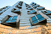 Close up of an office building, Neuer Zollhof, modern architecture from Frank O.Gehry, Media Harbour, Düsseldorf, state capital of NRW, North-Rhine-Westphalia, Germany