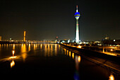 Media Harbour at night with television tower in the background, Düsseldorf, state capital of NRW, North-Rhine-Westphalia, Germany