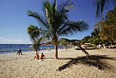 A couple sitting beneath palm trees on a sandy beach, Puerto Escondido, Mexico