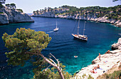 Landscape rocky coast and boat, Calanque de Port-Miou, Côte d'Azur, Provence, France