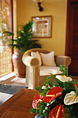 Ein Hotelzimmer mit Pflanzendeko, Hotel Dinarobin, Urlaub, Übernachtung, Mauritius, Afrika