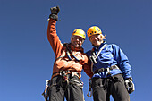 Two men having completed the route Senda Real, Cerro Marmolejo, 6085 m, Ice Climbing, Chile