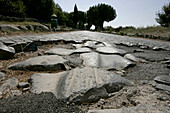 Abgenutzte, alte römische Straße in Via Appia Antica, Rom, Italien