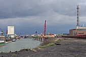 Thunderstorm atmosphere at the container harbour, Duisburg, North Rhine-Westphalia, Germany
