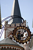 Logo of a hotel and the church tower of Bacharach, Rhineland-Palatinate, Germany