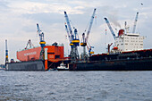 Cargo ships on the river Elbe, Hamburg, Germany
