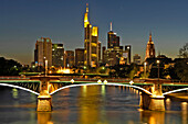 Skyline with Main river, Ignaz-Bubis bridge and commerz bank in the background, Frankfurt, Hesse, Germany