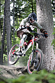 Mountainbiker rideing his bike in the forest, Dillingen, Bavaria, Germany