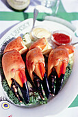 Plate of stone crabs jumbo size, Restaurant Smith & Wollensky, South Beach, Miami, Florida, USA