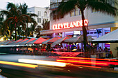 Ocean Drive at night with restauarnt Clevelander, South Beach, Miami, Florida, USA