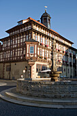 Fountain and Vacha Rathaus City Hall, Vacha, Rhoen, Thuringia, Germany