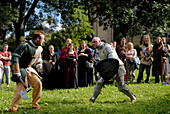 Knights fighting at a medieval festival, Luther fair, Eisenach, Thuringia, Germany