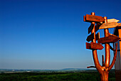 Wooden finger board, view over Hainich, Thuringia, Germany