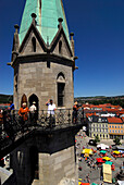 People, tourists on the platform the church tower, Meiningen, Thuringia, Germany