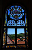 Window with coloured Glas in the church tower, Meiningen, Thuringia, Germany
