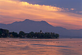 View to Frauenchiemsee with campanile, Lake Chiem, Chiemgau, Bavaria, Germany