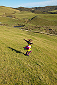 Girl running on farmland, grazing sheep, near Puponga, Golden Bay, northern coast of South Island, New Zealand