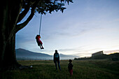 Kinder an Schauckelseil an riesigem Baum, Sonnenuntergang, Strand bei Haast, Westküste, Südinsel, Neuseeland