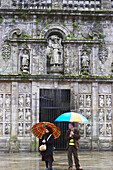 East side of the cathedral in rain, Catedral de Santiago de Compostela, Praza da Quintana, Puerta Santa, Puerta del Perdon, Galicia, Spain