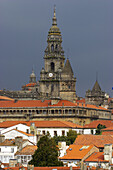 West view of the old clock tower, Torre del Reloj, before thunderstorm, Santiago de Compostela, Galicia, Spain