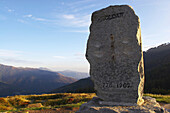View over the Pyrenees with memorial stone for Roland in the foreground, Puerto de Ibaneta, Pyrenees, Navarra, Spain