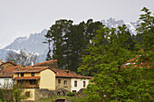 Landscape with typical houses in Potes, Liébana, Picos de Europa, in the Cantabrian Mountains, Cordillera Cantábrica, Cantabria, Spain