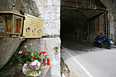Motorbike tour in June over alpine passes, memorial for motorbike casualties, tunnel, summit pass at Timmelsjoch between Austria and Italy