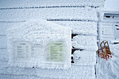 Snow covered menu, the Brocken, Schierke, Harz Mountains, Saxony-Anhalt, Germany