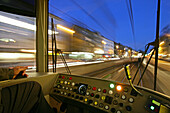 View out of a driver's cab of moving tram, Hanover, Lower Saxony, Germany, MR