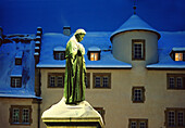 Schiller statue in snow, Schillerplatz, Stuttgart, Baden Württemberg, Germany, Europe