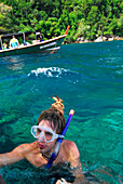 Man with schnorkel and diving mask, Surin Islands Marine National Park, Ko Surin, Phang Nga, Thailand