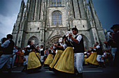 People in traditional dress dancing, Folk Dance, Cathedral, F. de Cornouaille, Quimper, Brittany, France