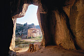 View from entrance hole of a rock cave to the Ermita de San Bartolomé chapel, Soria province, Castilla-Leon, Northern Spain